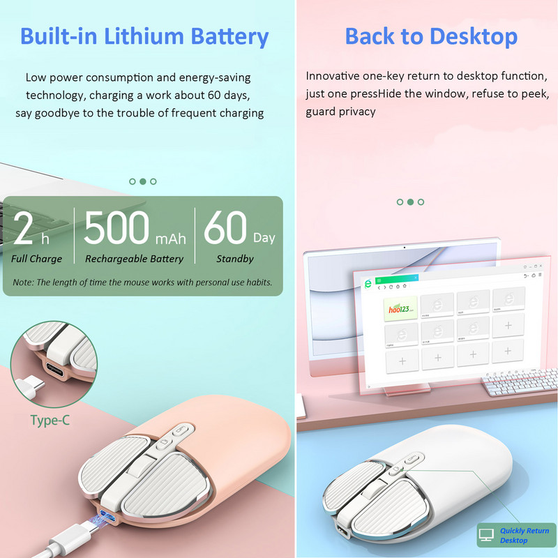 2.4G kettős modell vezeték nélküli Bluetooth 5.0 újratölthető csendes aranyos egér Hosszú készenléti többgombos egér IOS PC notebookhoz