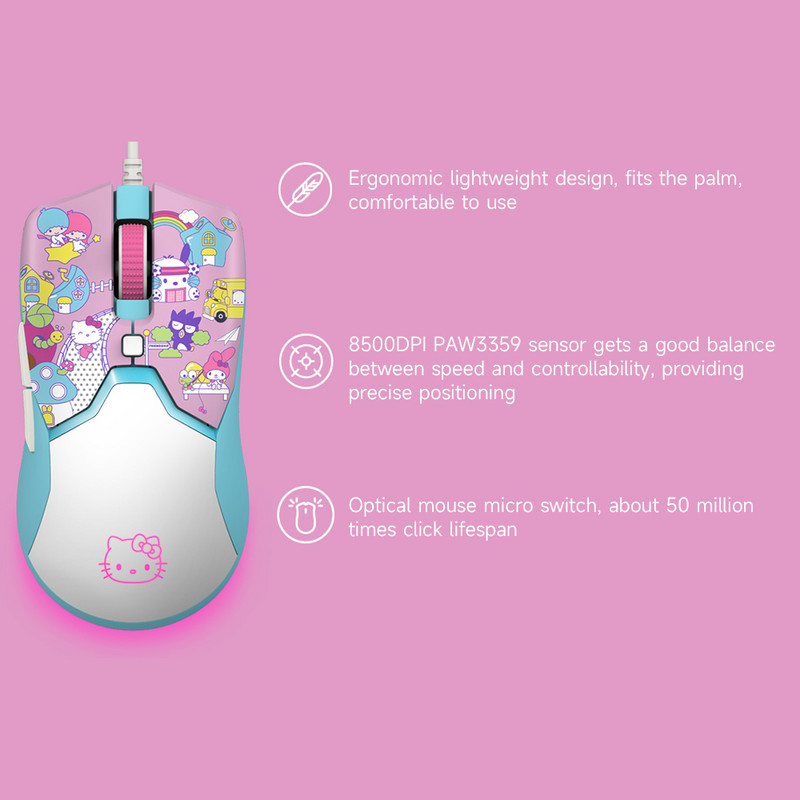 Razer Hello Kitty Limited játék egér + egérpad szett Ergonomikus kompakt egér 8500DPI PAW3359 csúszásgátló egérpad kombináció