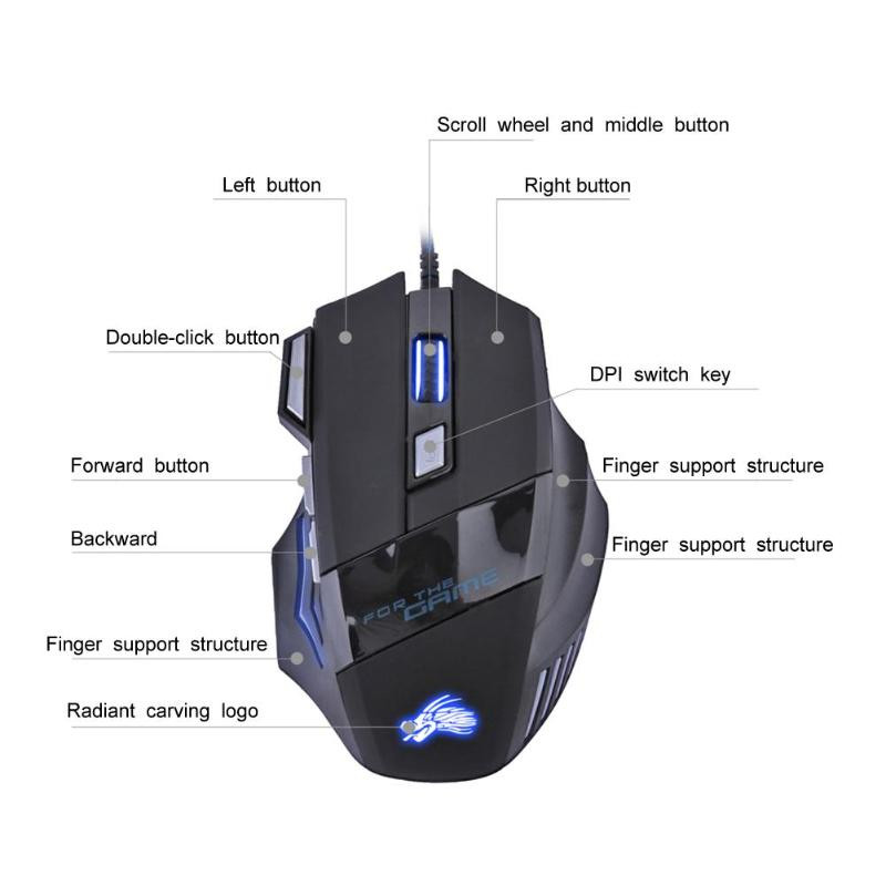GUDGA Mouse Gamer 5500DPI 7 gombos, állítható LED háttérvilágítású optikai USB Gamer számítógépes fekete játékegér számítógépes laptophoz