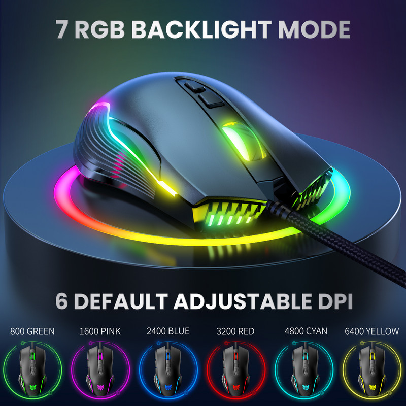 Mouse pentru jocuri ONIKUMA RGB 7 butoane de programare 6 niveluri Ajustare 6400 DPI cu iluminare dinamică Mouse ergonomic pentru laptop PC Gamer
