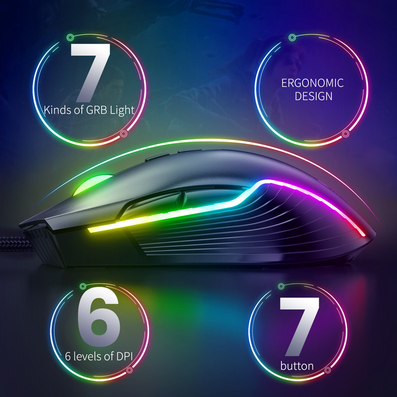 Mouse pentru jocuri ONIKUMA RGB 7 butoane de programare 6 niveluri Ajustare 6400 DPI cu iluminare dinamică Mouse ergonomic pentru laptop PC Gamer