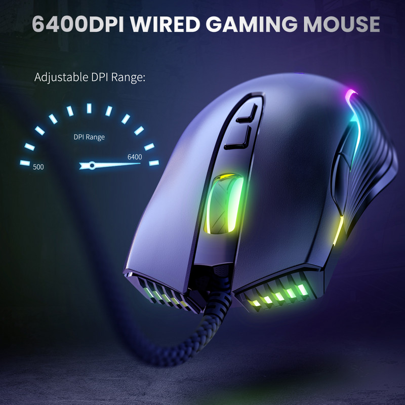 Mouse pentru jocuri ONIKUMA RGB 7 butoane de programare 6 niveluri Ajustare 6400 DPI cu iluminare dinamică Mouse ergonomic pentru laptop PC Gamer