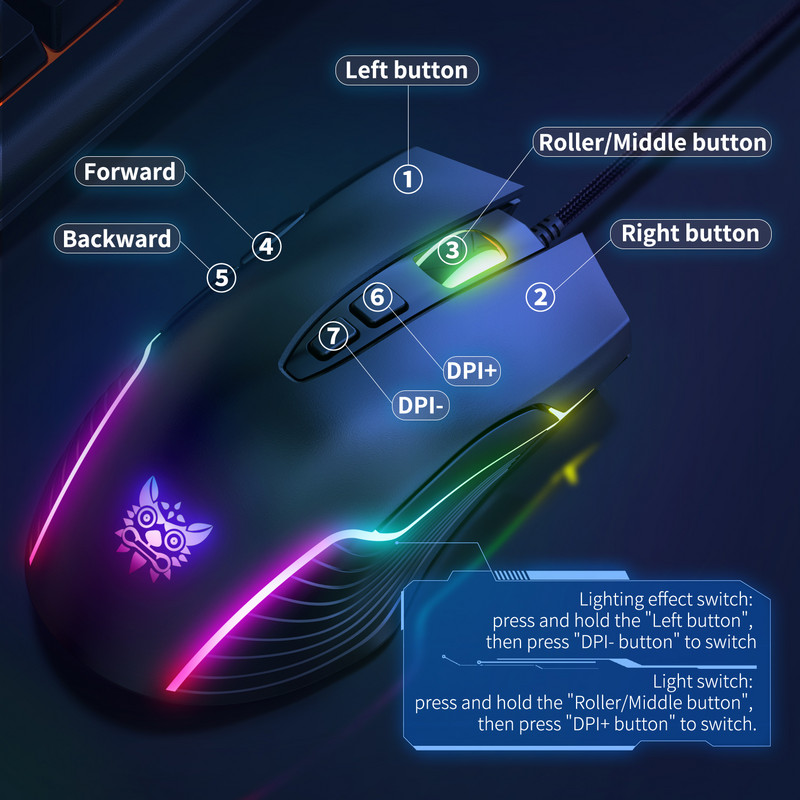Mouse pentru jocuri ONIKUMA RGB 7 butoane de programare 6 niveluri Ajustare 6400 DPI cu iluminare dinamică Mouse ergonomic pentru laptop PC Gamer