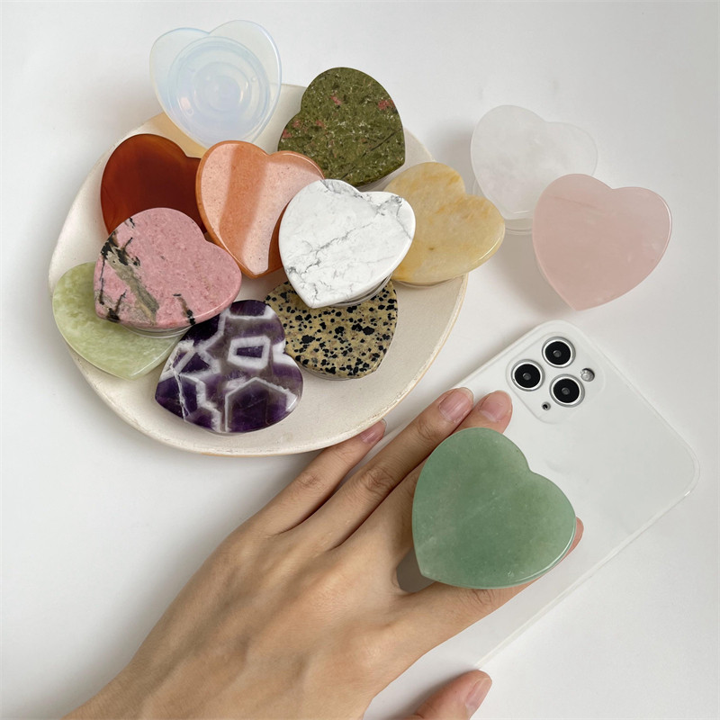 Luxusný lesklý držiak na telefón v tvare srdca z prírodného mramoru, priehľadný držiak na prst, skladací držiak na zásuvku Griptok
