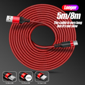 5 m / 8 m ilgio įkrovimo laidas, skirtas Lightning / C tipo / USB mikro patvarus nailono pintas įkrovimo laidas, skirtas IOS / Android telefono greitajam įkrovikliui