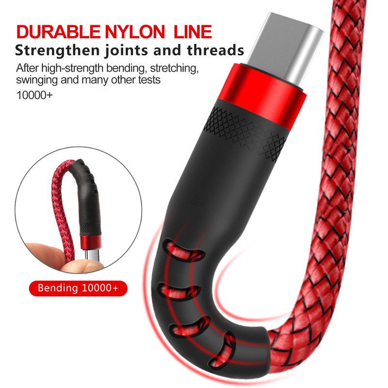 5 m / 8 m ilgio įkrovimo laidas, skirtas Lightning / C tipo / USB mikro patvarus nailono pintas įkrovimo laidas, skirtas IOS / Android telefono greitajam įkrovikliui