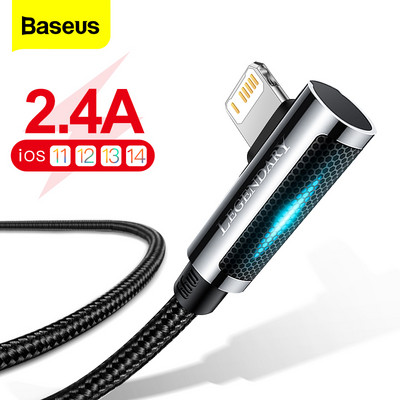 Baseus LED USB кабел за iPhone 13 12 11 Pro Xs Max 90 градуса бързо зареждане Кабел за мобилен телефон за iPad Airpods Кабел за данни