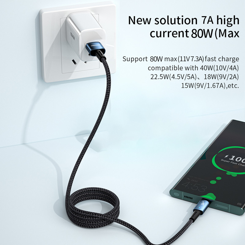 Essager 7A USB Type C kábel OPPO Oneplus Huawei P30 P40 Samsung Realme Poco 100W gyorstöltő vezetékes USB C töltő adatkábelhez