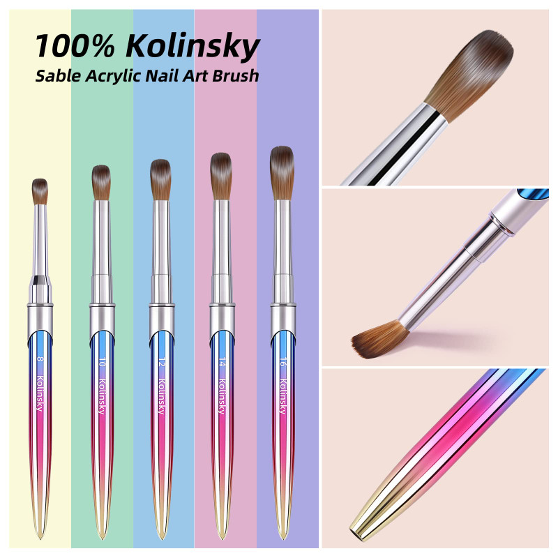 99,99% Perie acrilice pentru unghii Kolinsky Mâner cu rampă cu gradient ondulat Calitate profesională de salon pentru pulbere acrilică Dimensiunea 2-18#