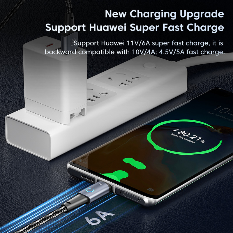 Toocki LED USB tip C kabel 6A/66W punjač za brzo punjenje USB-C tip-C podatkovni kabel kabel za Huawei P50 Xiaomi POCO X3 Samsung S22