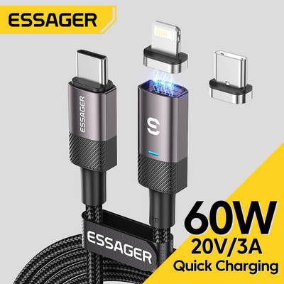 Essager PD60W USB tipo C magnetinis laidas skirtas iPhone 13 Xiaomi POCO3 Huawei Realme Oneplus OPPO greito įkrovimo mobiliojo telefono laido laidas