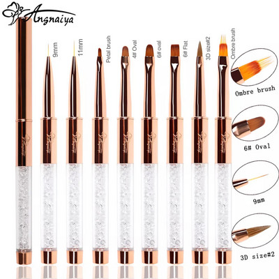 ANGNYA 9 бр./компл. Rose Gold Nail Art Uv Gel Brush Set Pen Nail Art Builder Flat Crystal Painting Drawing Carving Pen Инструмент за маникюр