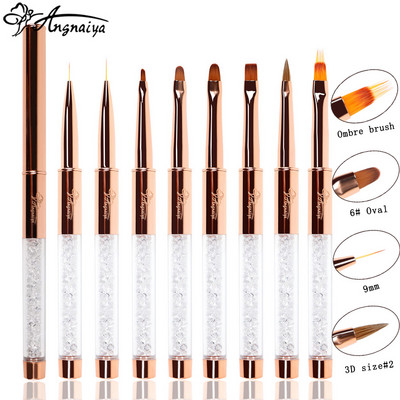 ANGNYA 9 buc/set aur roz Nail Art Set de perii cu gel UV Pen Nail Art Builder Plat Cristal Pictură Desen Carving Pen Instrument de manichiură