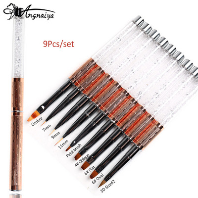 ANGNYA 9 buc/set aur roz Nail Art Set de perii cu gel UV Pen Nail Art Builder Plat Cristal Pictură Desen Carving Pen Instrument de manichiură