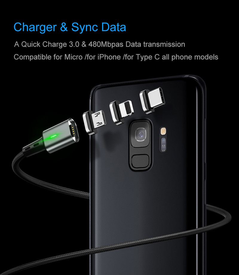 Elough 3 în 1 încărcare magnetică pentru iphone xs max xr x 8 7 plus 6 5 6s cablu tip c cablu micro usb telefon led magnet fir încărcător