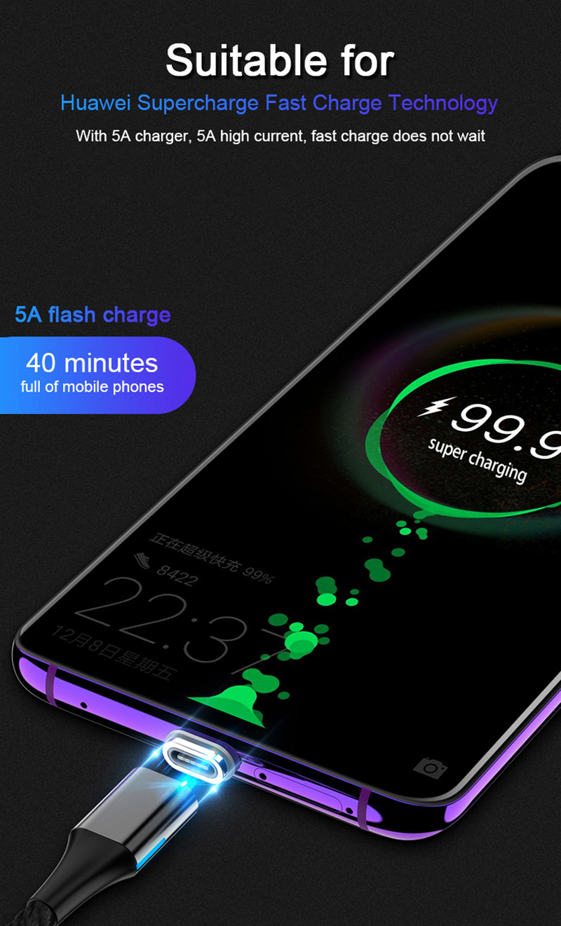 1,5m 2m Μαγνητικό καλώδιο Micro Usb Type C Καλώδιο γρήγορης φόρτισης Μαγνητικός φορτιστής 5A για Huawei Samsung Galaxy S20 Plus Ultra 20