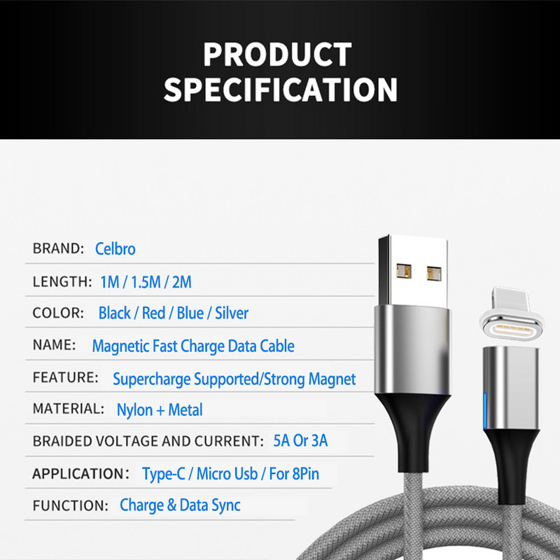 1,5m 2m Μαγνητικό καλώδιο Micro Usb Type C Καλώδιο γρήγορης φόρτισης Μαγνητικός φορτιστής 5A για Huawei Samsung Galaxy S20 Plus Ultra 20