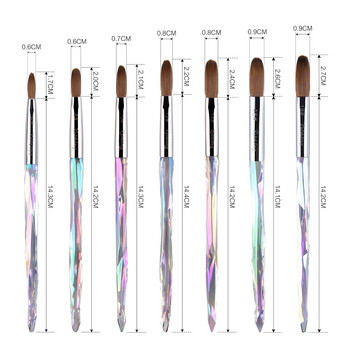 1 бр. Kolinsky Акрилна четка за нокти Rainbow Color Crystal Handle 7 Sizes UV Gel Carving Pen Brush Liquid Powder DIY Nail Art Tools