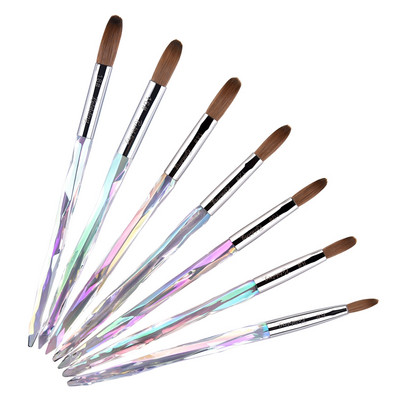 1 бр. Kolinsky Акрилна четка за нокти Rainbow Color Crystal Handle 7 Sizes UV Gel Carving Pen Brush Liquid Powder DIY Nail Art Tools