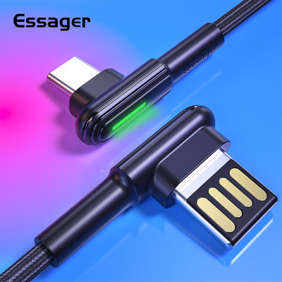 Essager USB Type C кабел 90 градуса 3A Кабел за бързо зареждане USB-C зарядно устройство Type-c кабел за Samsung S20 S10 Plus Xiaomi mi 10