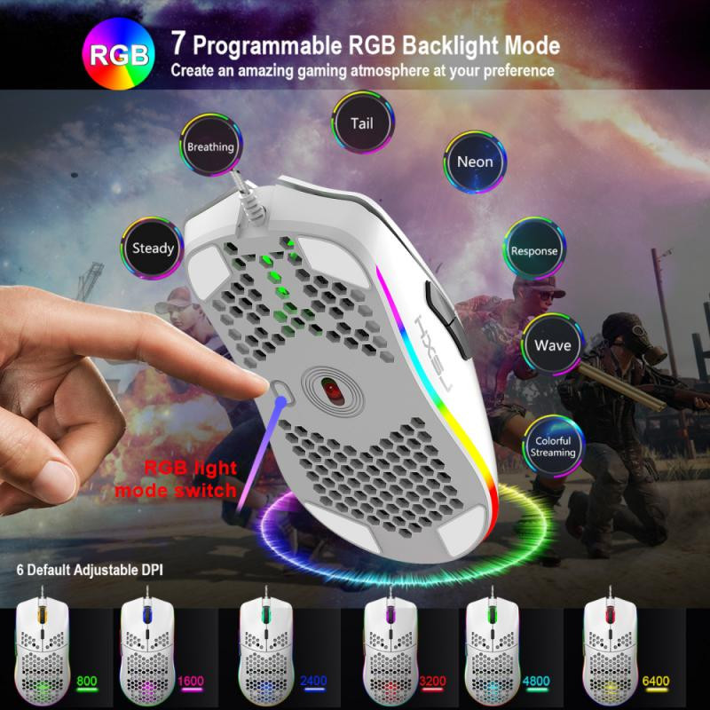 HXSJ J900 USB vezetékes játékegér RGB Light Gamer egerekkel, hat állítható DPI méhsejt üreges, ergonomikus kialakítású egérrel