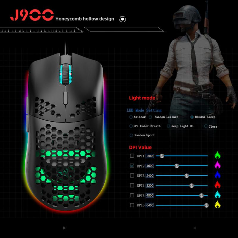 HXSJ J900 USB vezetékes játékegér RGB Light Gamer egerekkel, hat állítható DPI méhsejt üreges, ergonomikus kialakítású egérrel