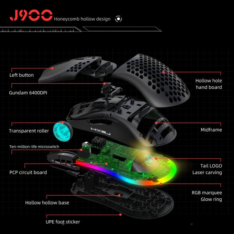 HXSJ J900 USB vezetékes játékegér RGB Light Gamer egerekkel, hat állítható DPI méhsejt üreges, ergonomikus kialakítású egérrel