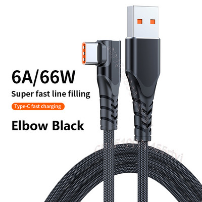 1/2/3m 6A 66W USB Type-C kábel pre Huawei Mate40 Pro Xiaomi POCO Samsung 90-stupňový uhlový kábel USB C pre rýchle nabíjanie a dátový kábel