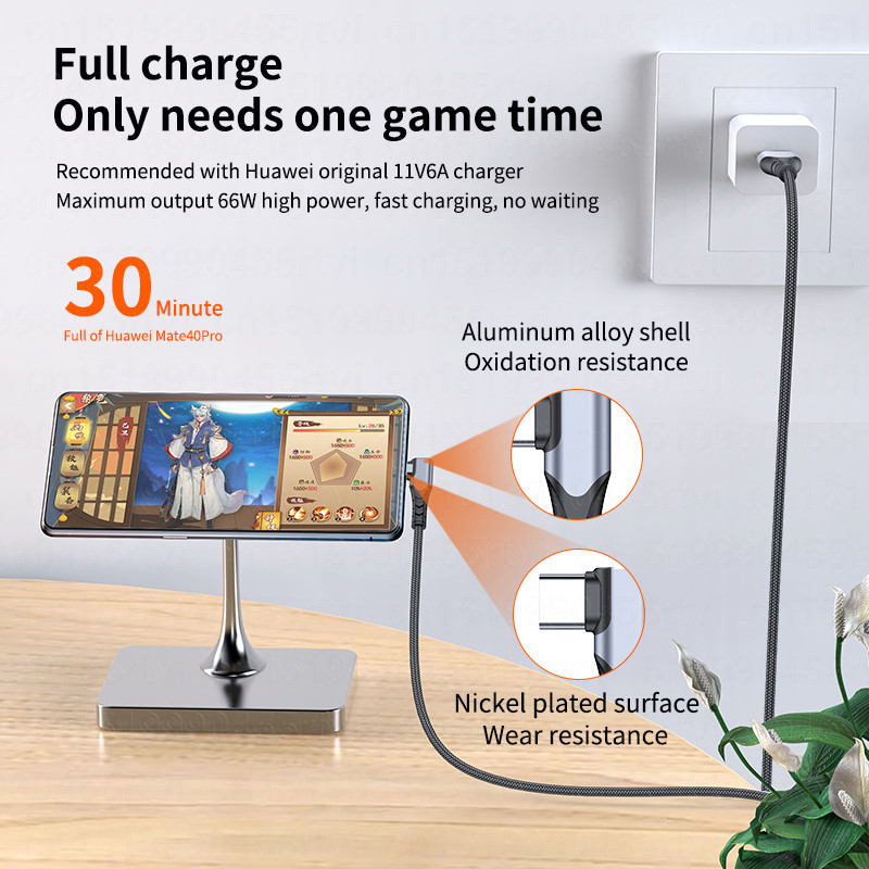 1/2/3m 6A 66W USB Type-C kábel pre Huawei Mate40 Pro Xiaomi POCO Samsung 90-stupňový uhlový kábel USB C pre rýchle nabíjanie a dátový kábel