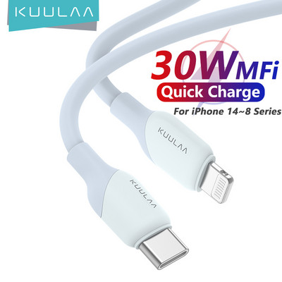 KUULAA USB C кабел PD30W MFi сертифициран за iPhone 14 13 12 11 AirPods iPad Бързо зареждане USB C към Lightning кабел Силиконов USB