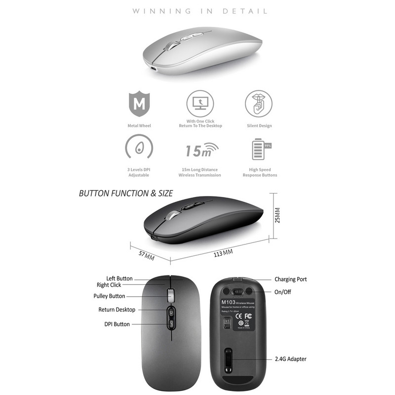 Mouse fără fir reîncărcabil, ergonomic, portabil, silențios, mouse 2.4G, pentru laptop, Android, Windows Mac