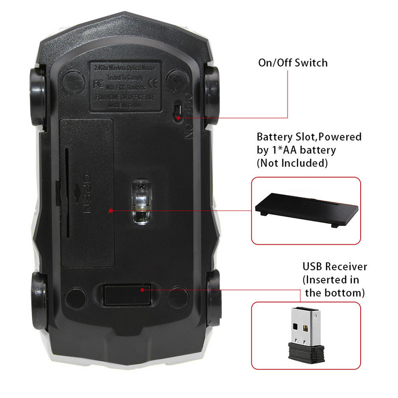 Vezeték nélküli egér 3D Sport Car Shape optikai számítógép Mause 2.4Ghz 1600DPI mini autós egerek USB vevővel laptop PC asztali számítógéphez