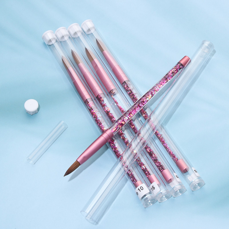 Profesionalus grynas Kolinsky plaukų akrilinis nagų šepetėlis pedikiūro apvalios formos šepetys su rožiniu skystu putojančiu blizgučiu rankų manikiūrui