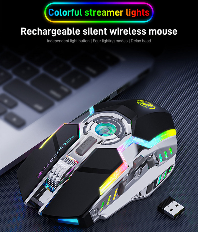 RGB belaidė pelė Žaidimų pelė Žaidimų pelė Kompiuterinė pelė Tyli įkraunama USB Mause 7 klavišai LED apšviestos pelės, skirtos kompiuteriniam nešiojamajam žaidimui