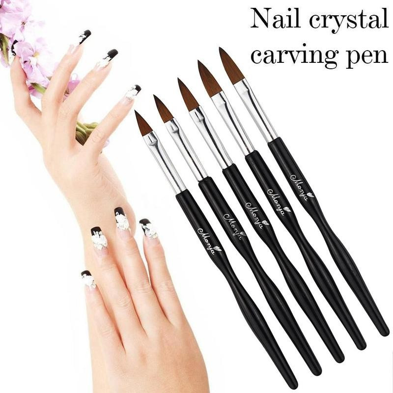 Set de 5 pixuri pentru unghii sculptate cu cristal negru, pudră pentru sculptură cu gel UV, perie de bricolaj, stilou lichid pentru unghii, desen pentru frumusețe, perie acrilice pentru unghii