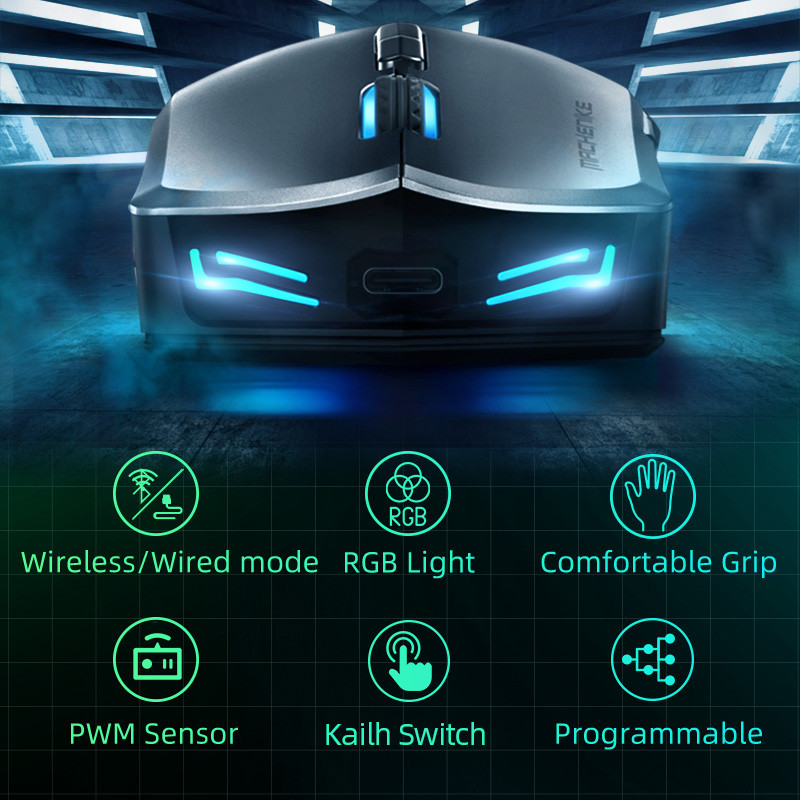 Machenike M7 belaidė pelė žaidimų pelė PC Gamer 16000 DPI RGB šviesos programuojama įkraunama dviejų režimų kompiuterinės optinės pelės