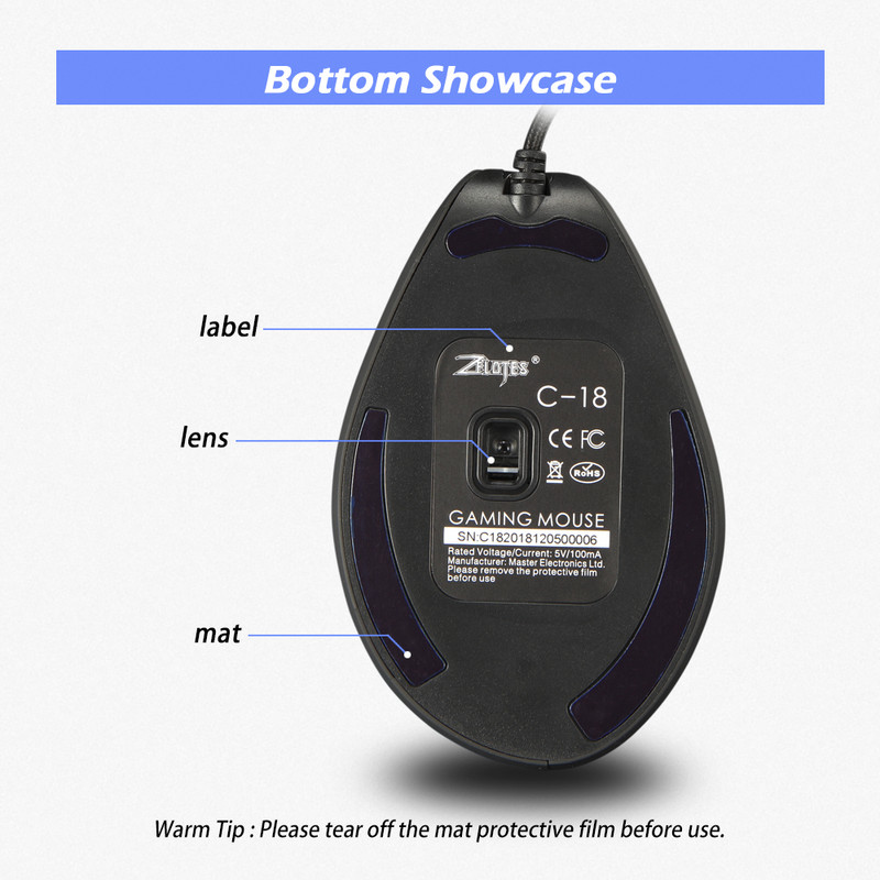 ZELOTES C-18 Вертикална игрална мишка 10000 DPI Програмируема 11 бутона USB Кабелна RGB Оптична дистанционна мишка Геймърски мишки за лаптоп PC