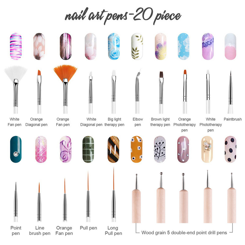 Akrilinių nagų dailės šepetėlių rinkinys manikiūrui nagų dailės dizaino tapybos šepetėliams ir taškavimo rašiklio įrankių rinkinys