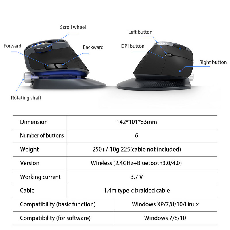 Delux M618X bežični okomiti miš s podesivim kutom Bluetooth 3.0 4.0+2.4GHz Ergonomski punjivi miševi za 4 Windows uređaja
