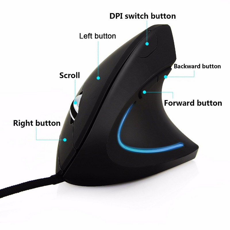 CHUYI Žičani miš za desnu/lijevu ruku Vertikalni ergonomski narukvice Zdravi USB optički s podlogom za prijenosno računalo