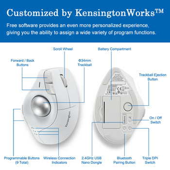 Kensington Original Pro Fit Ergo Vertical Wireless Trackball Mouse 2*Bluetooth / 2,4GHz Προσαρμοσμένο για AutoCAD K75370/K75264
