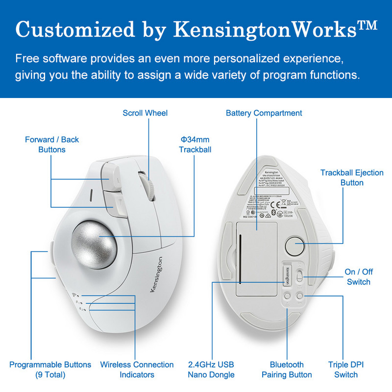 Kensington Original Pro Fit Ergo Vertical Wireless Trackball Mouse 2*Bluetooth / 2,4 GHz Prispôsobené pre AutoCAD K75370/K75264