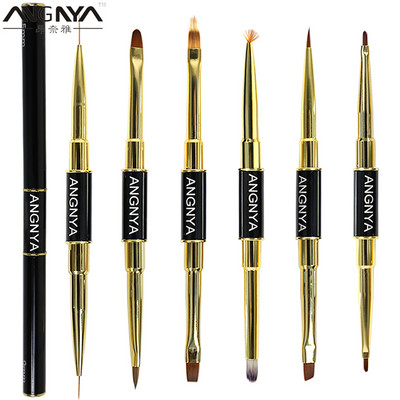 ANGNYA Двойна глава Nail Art Liquid Powder Brush Nail Extension Builder Акрилен UV гел Lined Drawing Pen Fan-shaped Blooming Tool