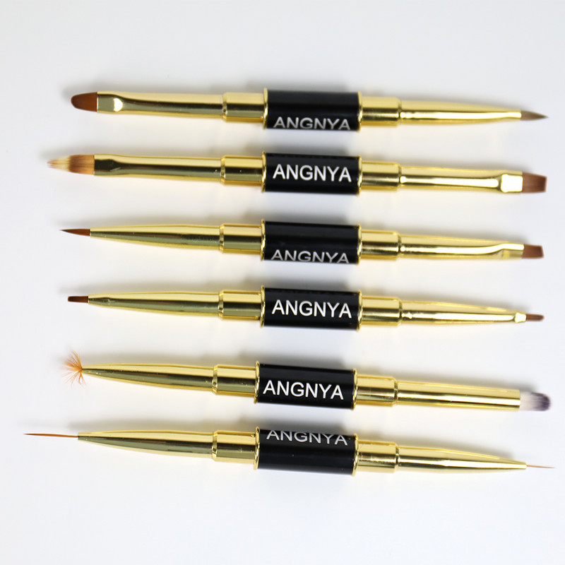 ANGNYA duplafejű Nail Art folyékony púderkefe körömhosszabbító akril UV géllel bélelt rajztoll legyező alakú virágzó eszköz