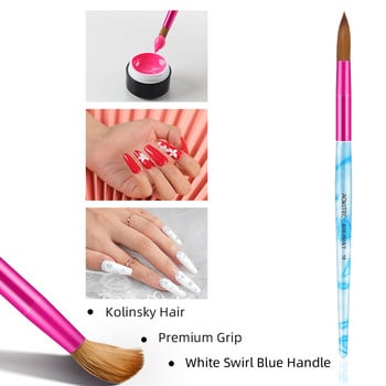 Aokitec Kolinsky Hair Acrylic Brush Nail White Swirl Blue Hand with Pink Ferrule Στρογγυλό Ακρυλικό Πούδρα Εργαλείο 6 μεγεθών