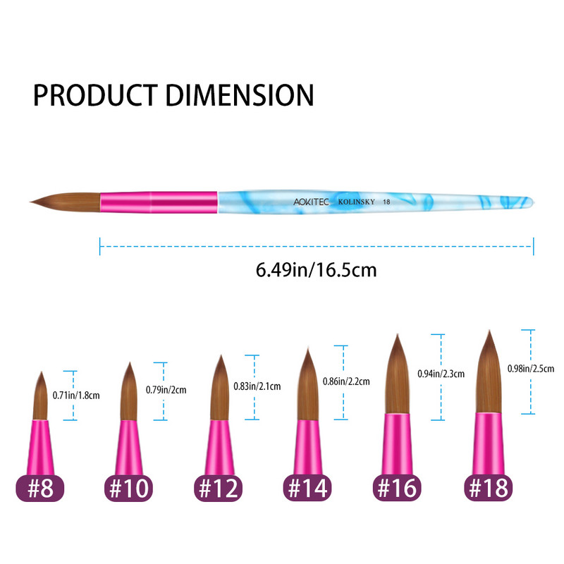 Aokitec Kolinsky Perie pentru unghii acrilice pentru păr, mâner albastru învolburat alb cu manșon roz Instrument pentru pudră acrilică în formă rotundă, 6 dimensiuni