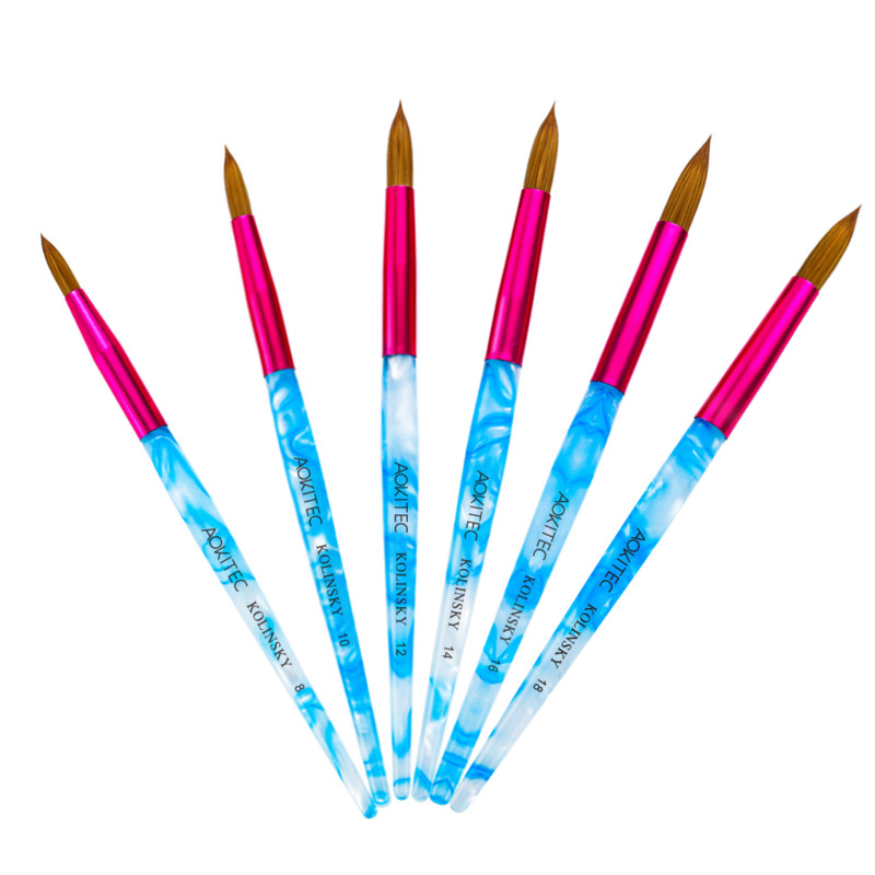 Aokitec Kolinsky Perie pentru unghii acrilice pentru păr, mâner albastru învolburat alb cu manșon roz Instrument pentru pudră acrilică în formă rotundă, 6 dimensiuni