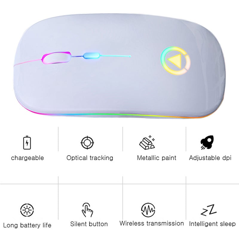 Mouse reîncărcabil cu LED ultra-subțire, lumini colorate, mini mouse wireless, mouse optic, ergonomic, pentru jocuri, mouse pentru computer