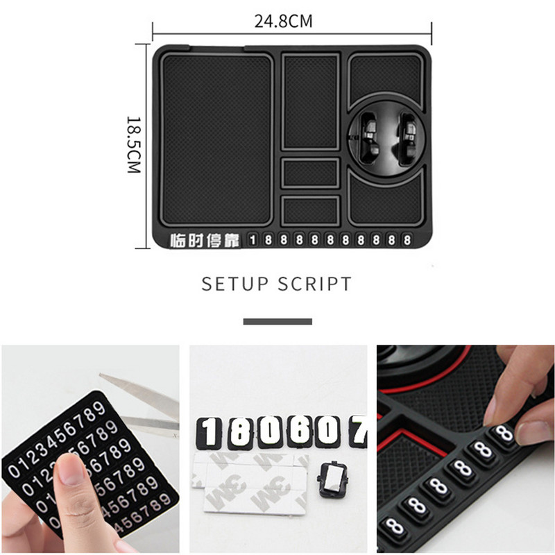 Automobilio prietaisų skydelio neslystantis kilimėlis Mobiliojo telefono laikiklio stovas Automobilio salono priedai Sandėliavimo pagalvėlė Parkavimo numeris Prietaisų skydelio lipdukas