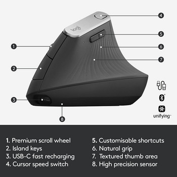 Оригинална вертикална мишка Logitech MX Ергономична Bluetooth безжична мишка Многофункционална с 2.4GHz USB nano За офис